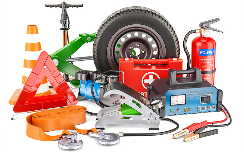Essential tools and items for a car emergency kit.